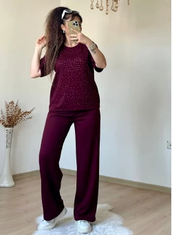 Bol Paça Taşlı Takım Bordo