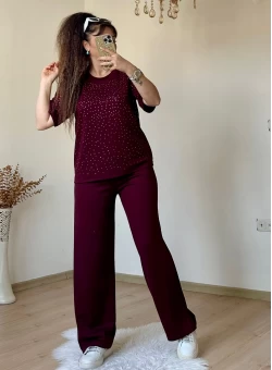Bol Paça Taşlı Takım Bordo