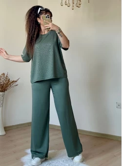 Bol Paça Taşlı Takım Haki