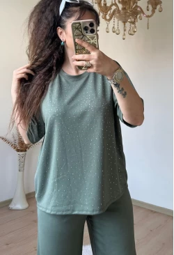 Bol Paça Taşlı Takım Haki