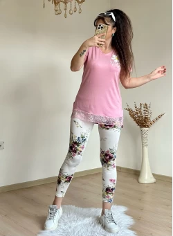 Dantel Detaylı Çiçekli Tayt Takım