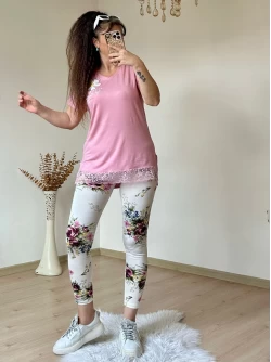 Dantel Detaylı Çiçekli Tayt Takım