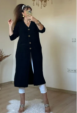 Düğmeli Uzun Hırka Siyah