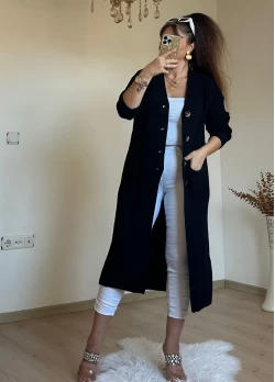 Düğmeli Uzun Hırka Siyah