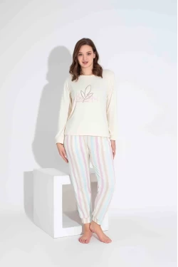 Ekru Çizgi Desen Anne Pijama Takımı