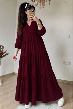 Eteği Fırfırlı Dantel Şerit Detaylı Elbise Bordo