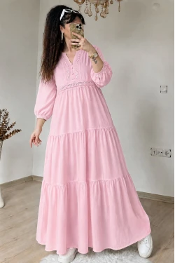 Eteği Fırfırlı Dantel Şerit Detaylı Elbise Pembe
