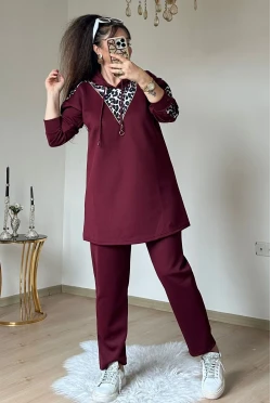 Fermuar Detaylı Leopar Takım Bordo