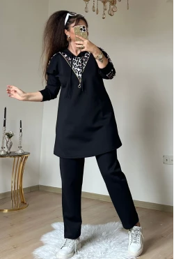Fermuar Detaylı Leopar Takım Siyah