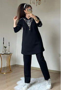 Fermuar Detaylı Leopar Takım Siyah