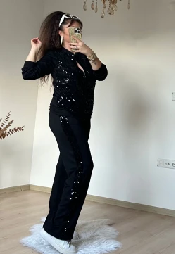 Fermuarlı Pul Payetli Takım Siyah