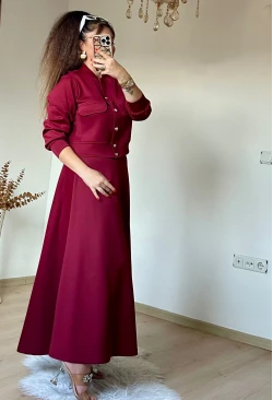 Gold Dugmelı Etek Bluz Takım Bordo