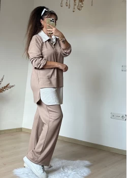 Gömlek Detaylı Takım Bej