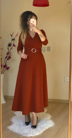 Halka Kemerli Triko Elbise - KAHVE