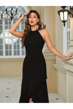 Halter Yaka Eteği Volanlı Krep Uzun Elbise Siyah