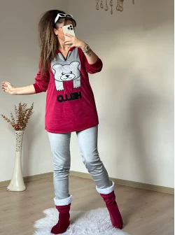 Hello Yazılı Kadife Takım Kırmızı