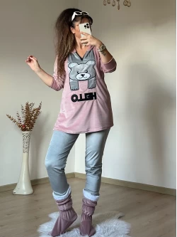 Hello Yazılı Kadife Takım Pudra