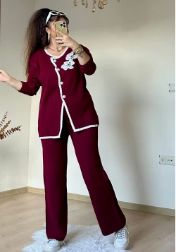 İnci Düğmeli Çiçekli Takım Bordo
