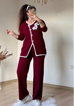 İnci Düğmeli Çiçekli Takım Bordo