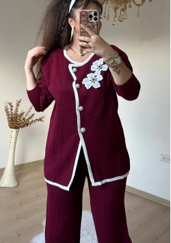 İnci Düğmeli Çiçekli Takım Bordo