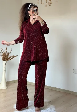 Işıltılı Gömlek Takım Bordo