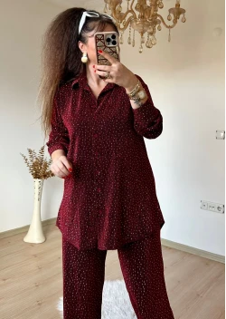 Işıltılı Gömlek Takım Bordo
