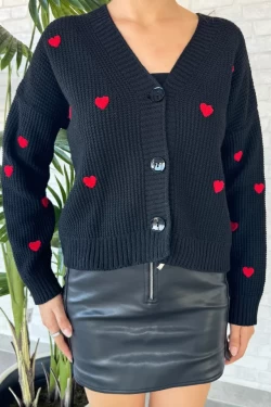 Kadın Kalp Nakışlı Triko Hırka