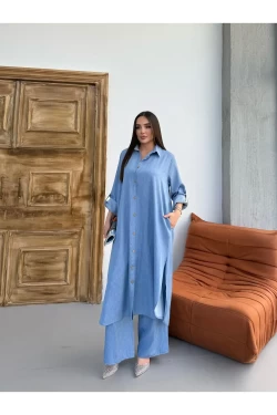 Kadın Uzun Gömlek Pantolon Alt Üst Takım