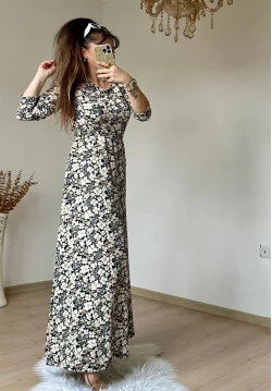 Kahve Çıtır Çıceklı Bürümcük Elbise
