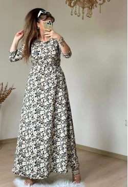 Kahve Çıtır Çıceklı Bürümcük Elbise