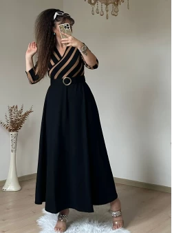 Kahve Cızgılı Halka Kemerlı Trıko Elbise