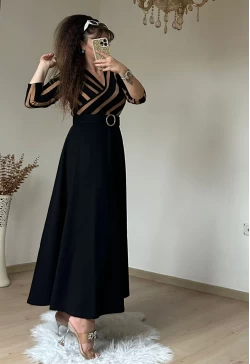 Kahve Cızgılı Halka Kemerlı Trıko Elbise