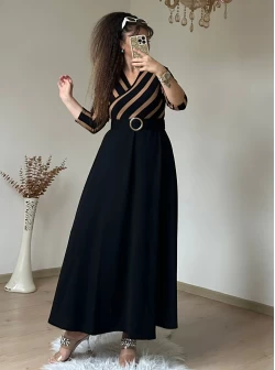 Kahve Cızgılı Halka Kemerlı Trıko Elbise