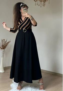 Kahve Cızgılı Halka Kemerlı Trıko Elbise