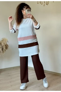 Kahve Pudra Şeritli Takım
