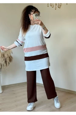 Kahve Pudra Şeritli Takım