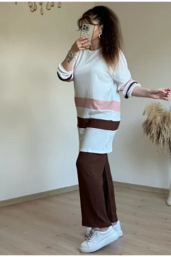 Kahve Pudra Şeritli Takım