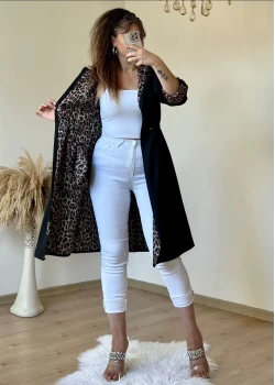Kapüşonlu Leopar Trençkot Siyah