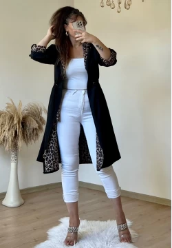 Kapüşonlu Leopar Trençkot Siyah