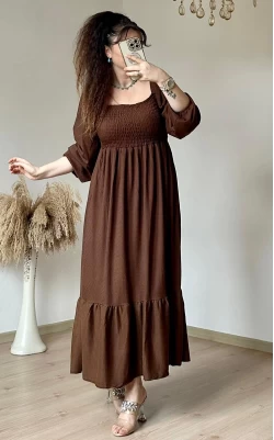 Kare Taka Eteği Fırfırlı Elbise Kahve