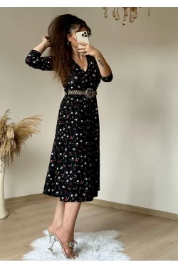 Kemerli Çıtır Çiçekli Krep Elbise Siyah