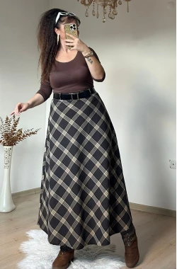 Kemerli Ekose Etek Kahve