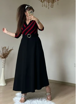 Kırmızı Cızgılı Halka Kemerlı Trıko Elbise