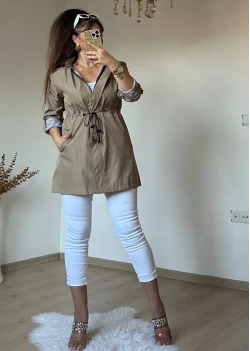 Kısa Çizgili Trençkot Bej