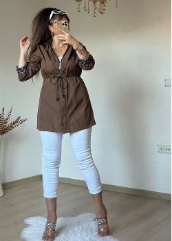 Kısa Leopar Trençkot Kahve