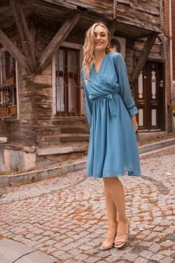 Kısa Düz Şifon Elbise Mavi