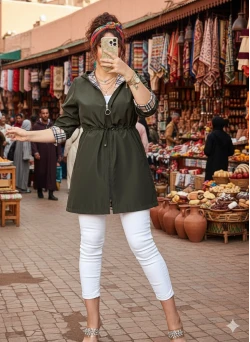 Kısa Kare Desen Trençkot Haki