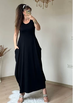 Kısa Kol Cepli Şalvar Elbise Siyah
