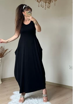 Kısa Kol Cepli Şalvar Elbise Siyah