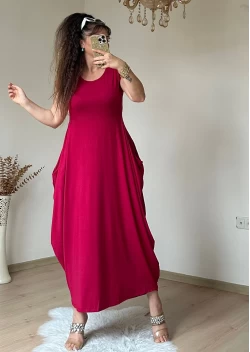 Kısa Kol Cepli Şalvar Elbise Bordo